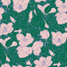 Pattern of pink flowers and green leaves on a green background