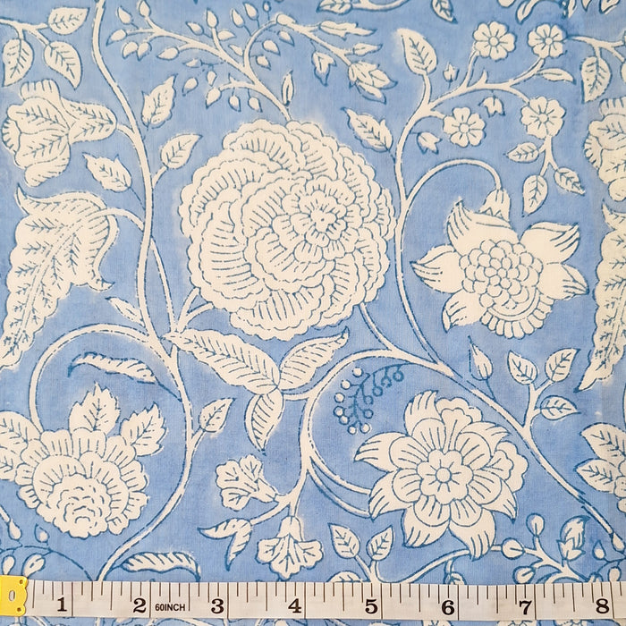 Indian Cotton 2025 - Jaipur Block Printed Cotton Cambric - White Flowers on Pale Blue