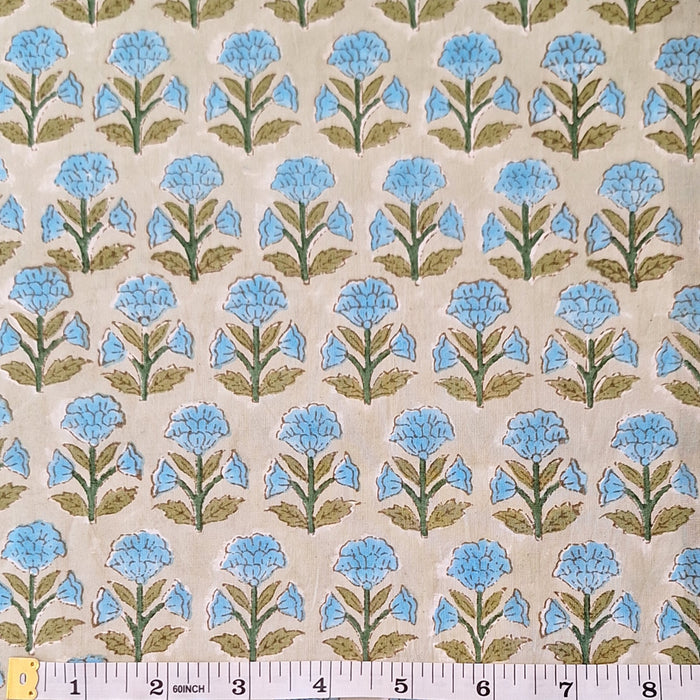 Indian Cotton 2025 - Jaipur Block Printed Cotton Cambric - Blue Flowers on Pale Sage Green