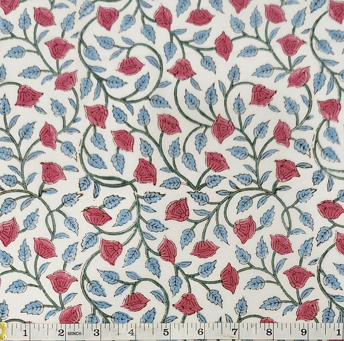 Indian Cotton 2025 - Jaipur Block Printed Cotton - Climbing Bell Flower Rose on White