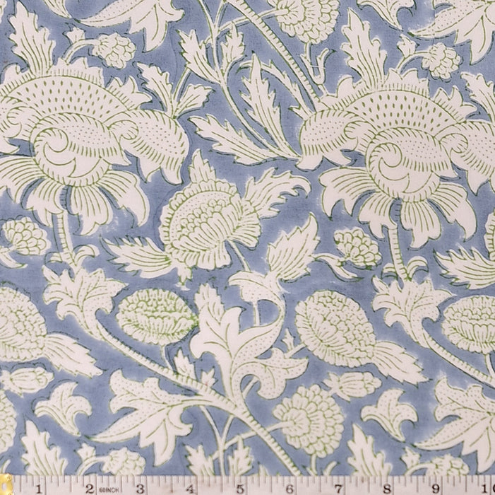 Indian Cotton 2025 - Jaipur Block Printed Cotton - White and Green floral on blue/grey