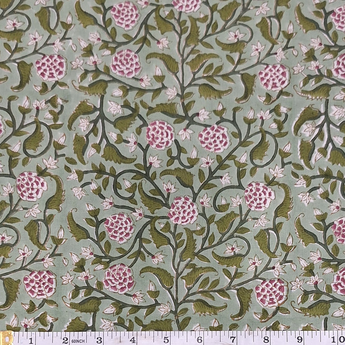 Indian Cotton 2025 - Jaipur Block Printed Cotton - Flowering Vines Green on Green