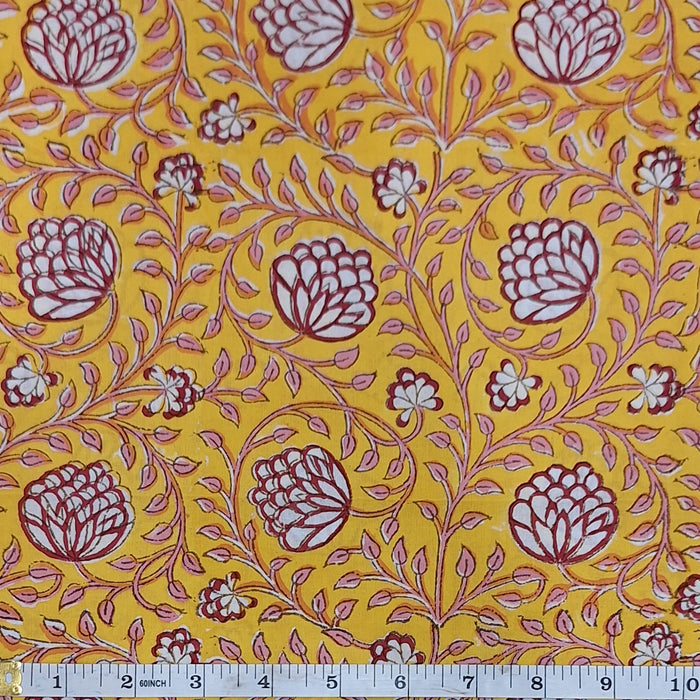 Indian Cotton 2025 - Jaipur Block Printed Cotton - Red Blooms on Yellow