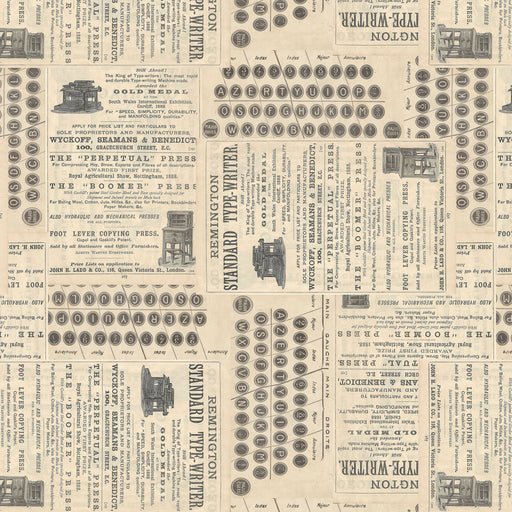 Patterned fabric with vintage typewriter and text design on a beige background