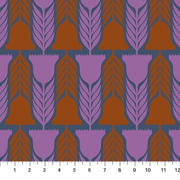 Patterned fabric with purple and brown shapes on a white background