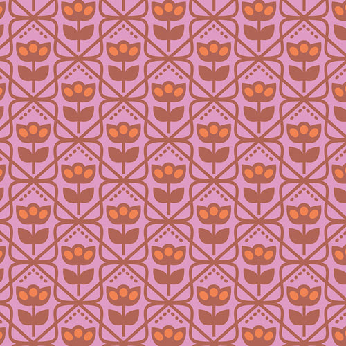 Geometric pattern with  mod orange and brown flowers on a pink background