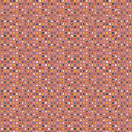 Pattern of small multicolored dots on a pink background