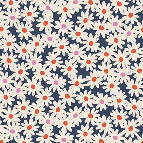 Pattern of white flowers with red centers and pink spots on a blue background