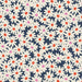 Pattern of white flowers with red centers and pink spots on a blue background