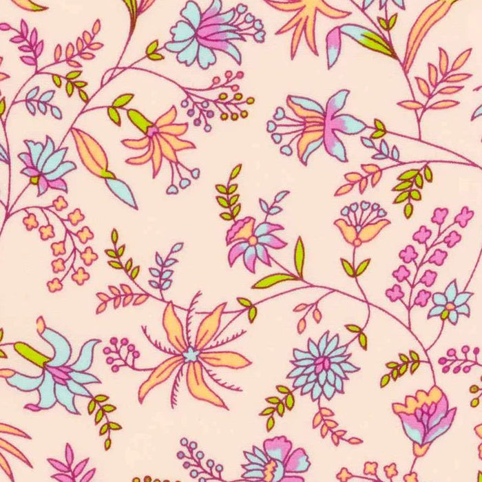 Colorful floral pattern on a light pink background