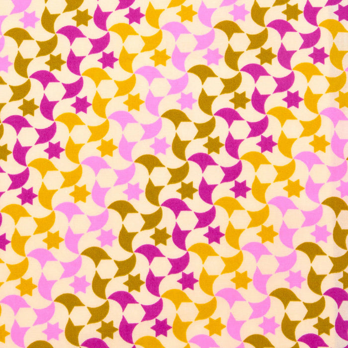 Patterned paper with star and circle shapes in pink, yellow, and brown on a beige background
