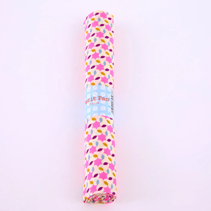 Roll of pink and blue patterned paper with a brand name on a white background