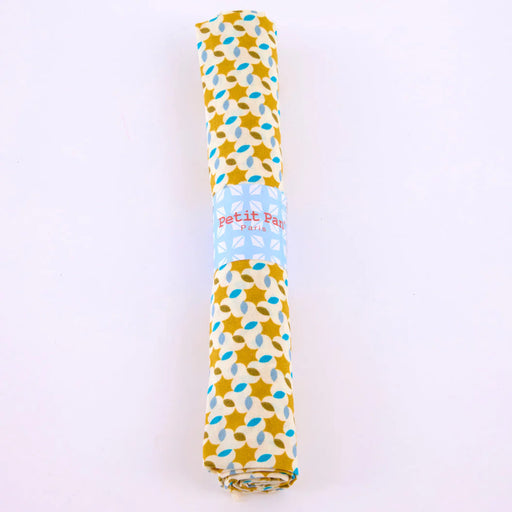 Folded fabric with a pattern and brand name on a white background