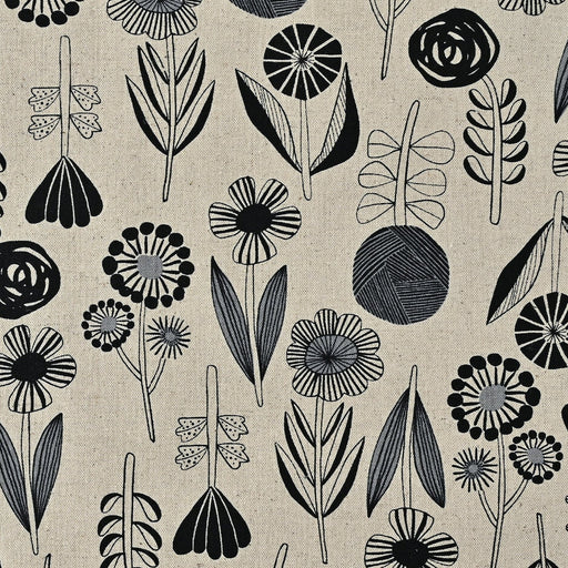Bloom by Bookhou, Cotton/Linen Lightweight Canvas - Flower in Black on Natural