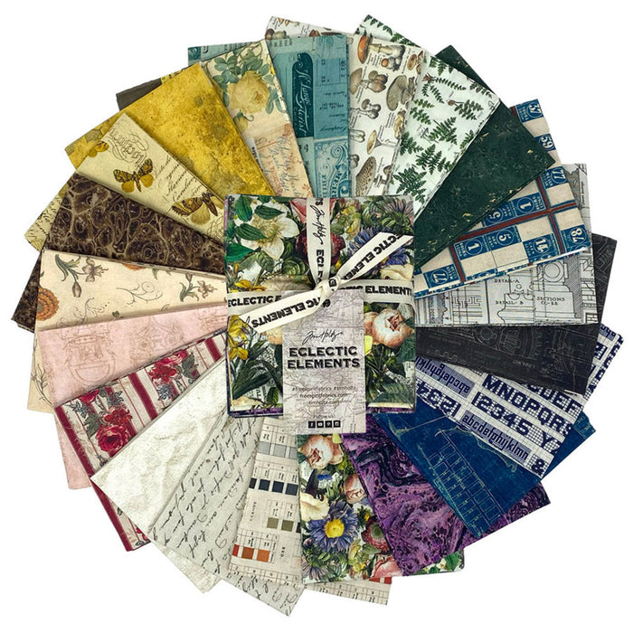 A circular arrangement of multiple patterned fabric or paper swatches in assorted colors and designs, including florals, botanicals, vintage typography, stripes, and abstract prints