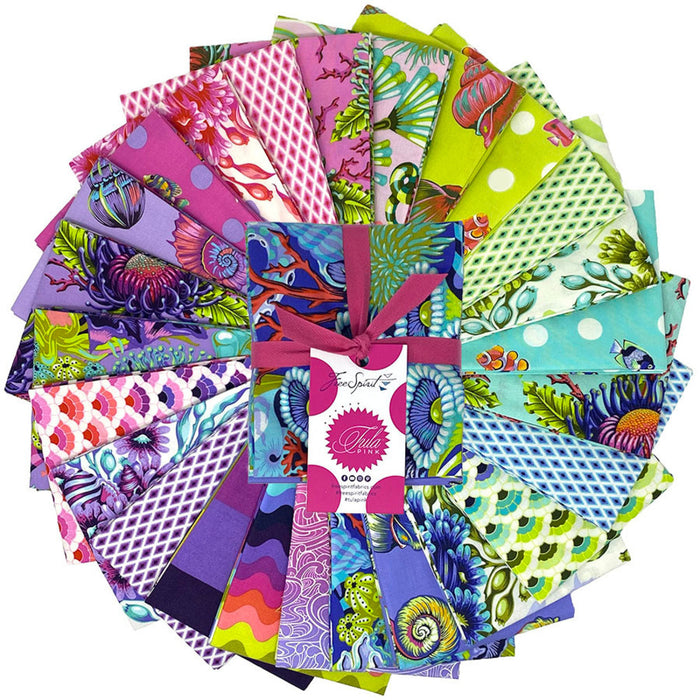25 pieces of colourful fabric fanned out around a stack


