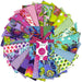 25 pieces of colourful fabric fanned out around a stack

