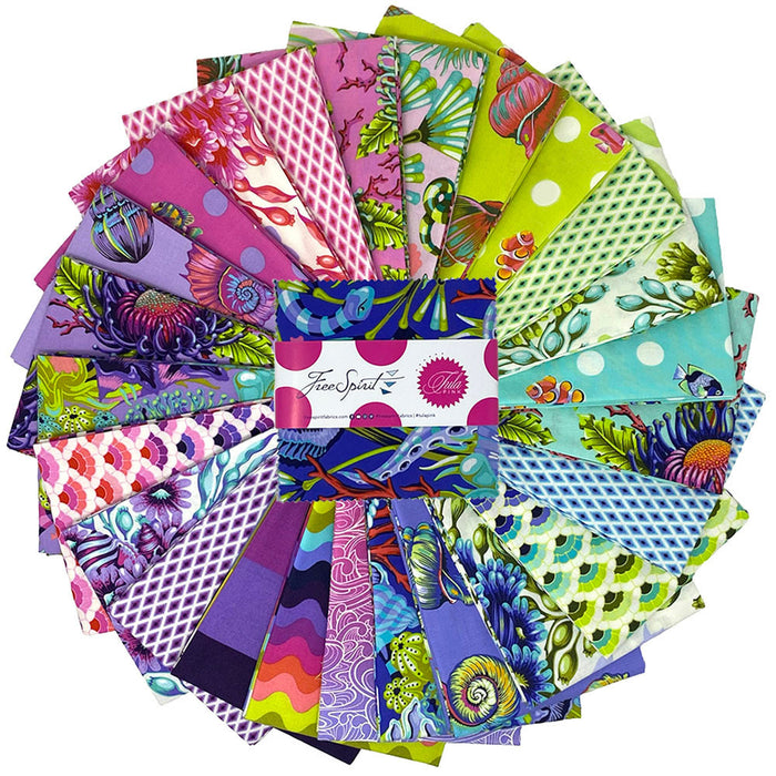 Collection of colorful fabric swatches arranged in a circular pattern with a brand label in the center.