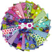 Collection of colorful fabric swatches arranged in a circular pattern with a brand label in the center.