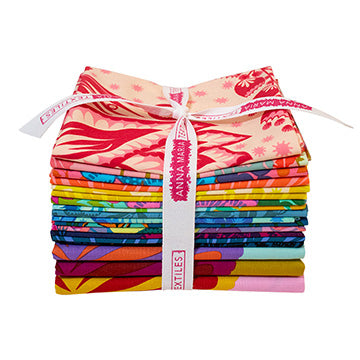 Stack of colorful fabric bundles with a brand tag on a white background