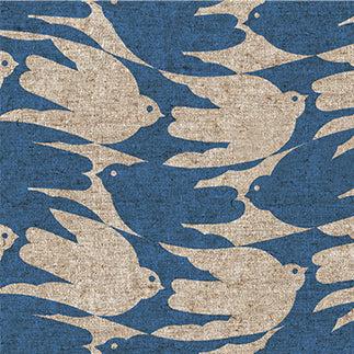 Linen cotton with sparrows in blue