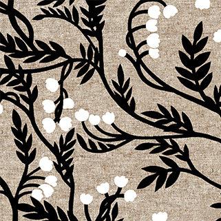 Linen cotton fabric with black branches and leaves and white flowers