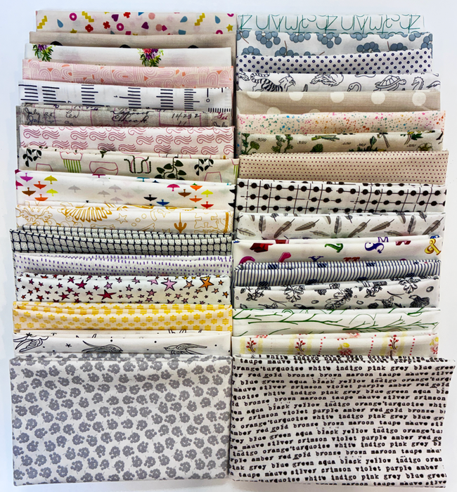 A grid of 24 folded fabric swatches with various patterns including florals, stripes, polka dots, botanicals, and text prints, arranged on a white background.