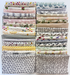 A grid of 24 folded fabric swatches with various patterns including florals, stripes, polka dots, botanicals, and text prints, arranged on a white background.