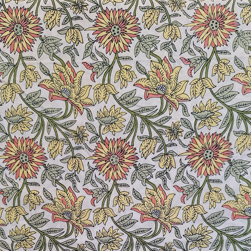 design of zinnias in yellow and orange with green vines on white background