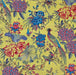 A close-up of a fabric  pattern featuring a classic Indian-style floral and bird design on a bright yellow background. The print includes blue lotus flowers, pink hydrangeas, blue birds, and green foliage.