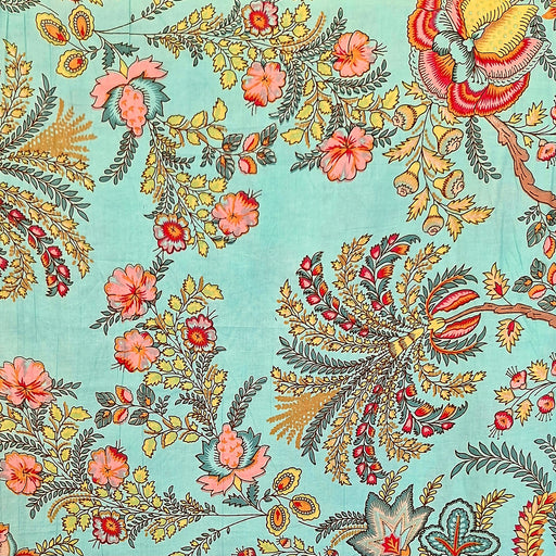 A close-up of a fabric pattern featuring a dense botanical and floral design on a light turquoise background. The pattern includes coral-pink flowers, yellow leaves, red berries, and gray-green foliage.