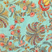 A close-up of a fabric pattern featuring a dense botanical and floral design on a light turquoise background. The pattern includes coral-pink flowers, yellow leaves, red berries, and gray-green foliage.