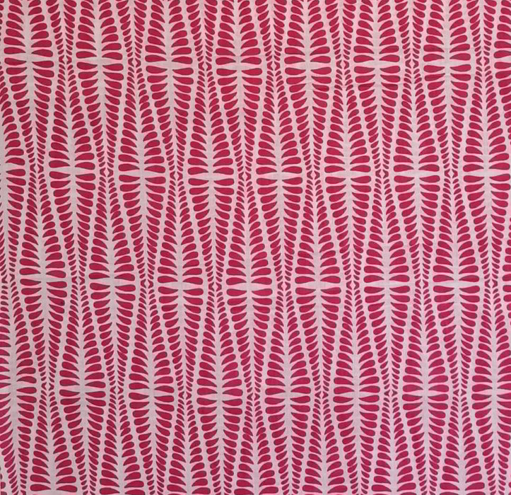 A close-up of a repeating fabric pattern featuring vertical wavy graphic in alternating bright pink and off-white sections.