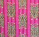 A close-up of a fabric pattern featuring pink and magenta vertical stripes with cartoonish tigers in tan, black, and pink.