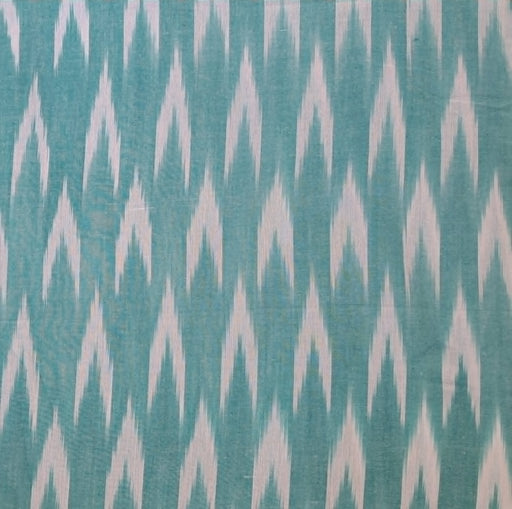 A close-up of a fabric pattern featuring a repeating vertical ikat-style design in teal blue and off-white.
