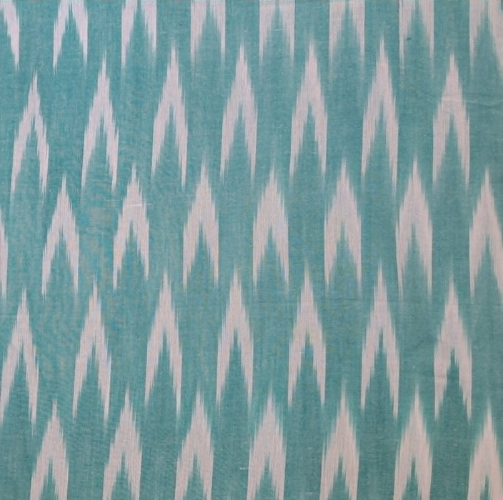 A close-up of a fabric pattern featuring a repeating vertical ikat-style design in teal blue and off-white.