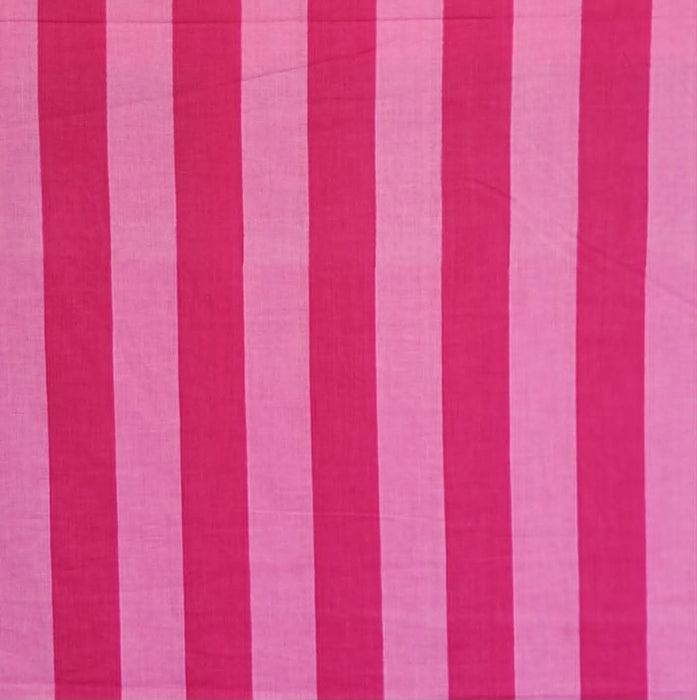 A close-up of a striped textile pattern with alternating vertical bands of bright magenta pink and light pink