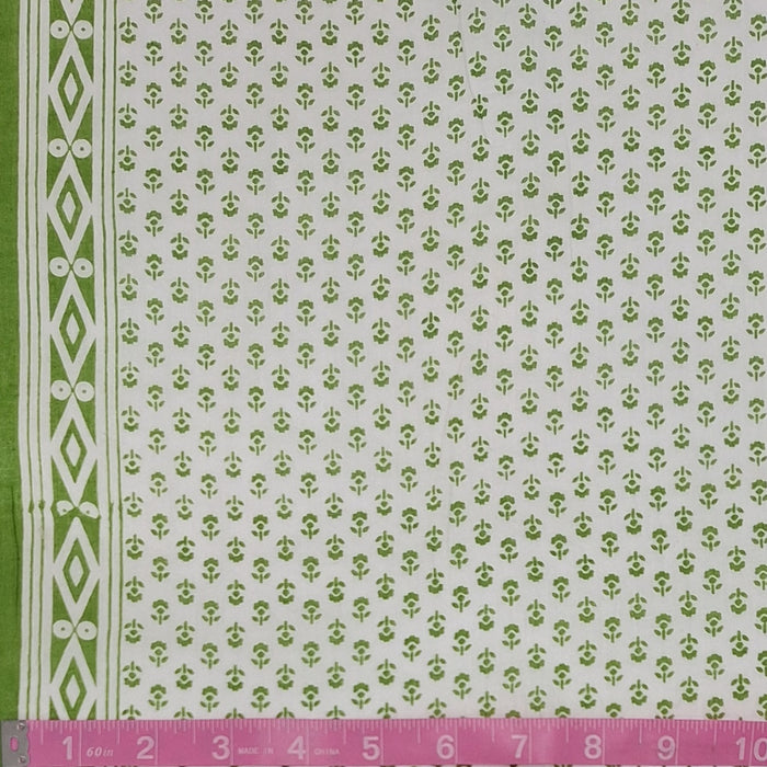 Indian Cotton 2025 - Jaipur Screen Printed Organic Cotton Lawn - Green Motif on White with Border