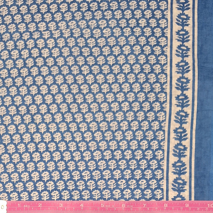 Indian Cotton 2025 - Jaipur Screen Printed Organic Cotton Lawn - White Motif on Blue with Border