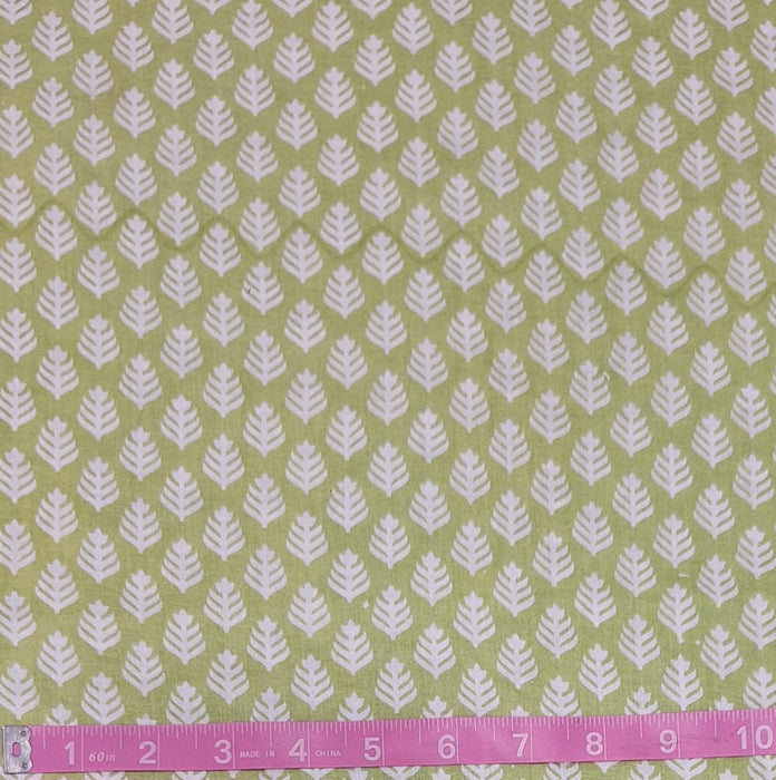 Indian Cotton 2025 - Jaipur Screen Printed Organic Cotton Lawn - White leaf on Lime