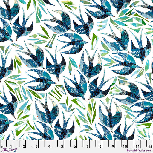 Patterned fabric with blue, green, and white abstract shapes on a white background.