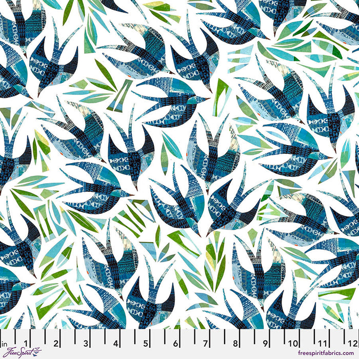 Patterned fabric with blue, green, and white abstract shapes on a white background.