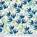 Patterned fabric with blue, green, and white abstract shapes on a white background.