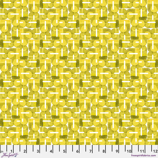 Patterned fabric with geometric design in yellow and green on a yellow background