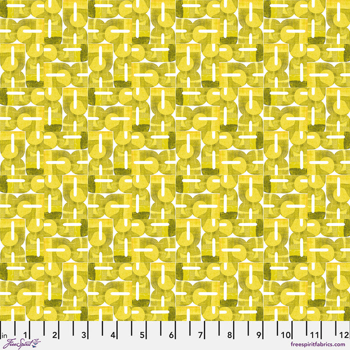 Patterned fabric with geometric design in yellow and green on a yellow background