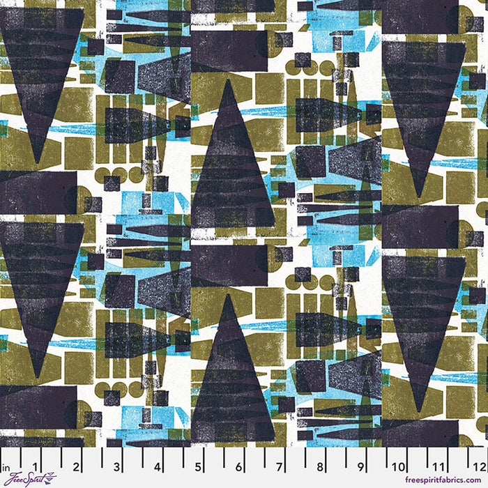 Geometric pattern fabric with triangles and squares in black, green, and blue on a white background.