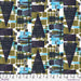 Geometric pattern fabric with triangles and squares in black, green, and blue on a white background.