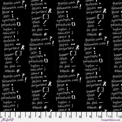 Black fabric with white text pattern of punctuation marks and symbols