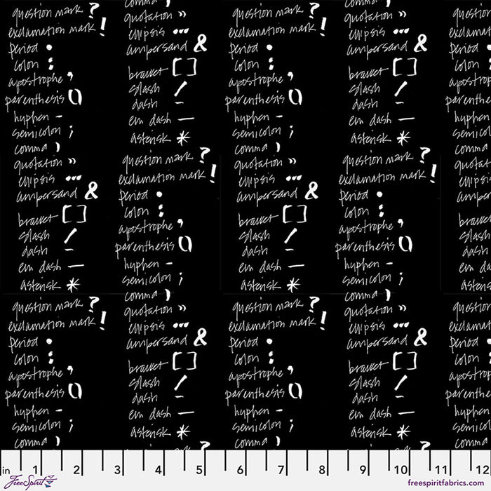 Black fabric with white text pattern of punctuation marks and symbols
