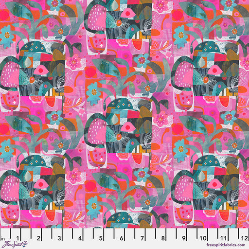 Colorful fabric pattern with elephants and flowers on a pink background, featuring a ruler for scale.